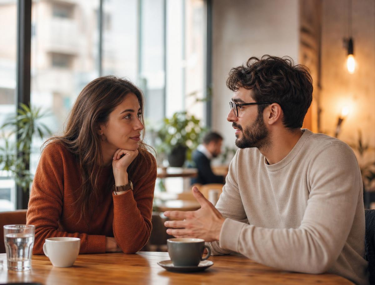 Two young professionals talking over coffee